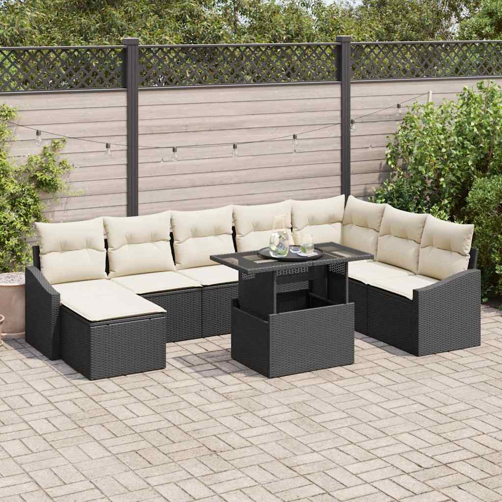 Set Divano da Giardino con cuscino 9 pcs Nero e Crema | homemem39