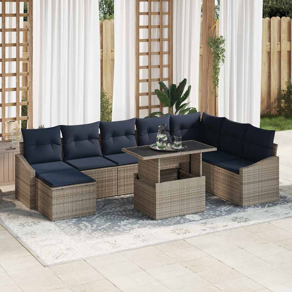 Set Divano da Giardino con cuscino 9 pcs Grigio e Blu Navy | homemem39