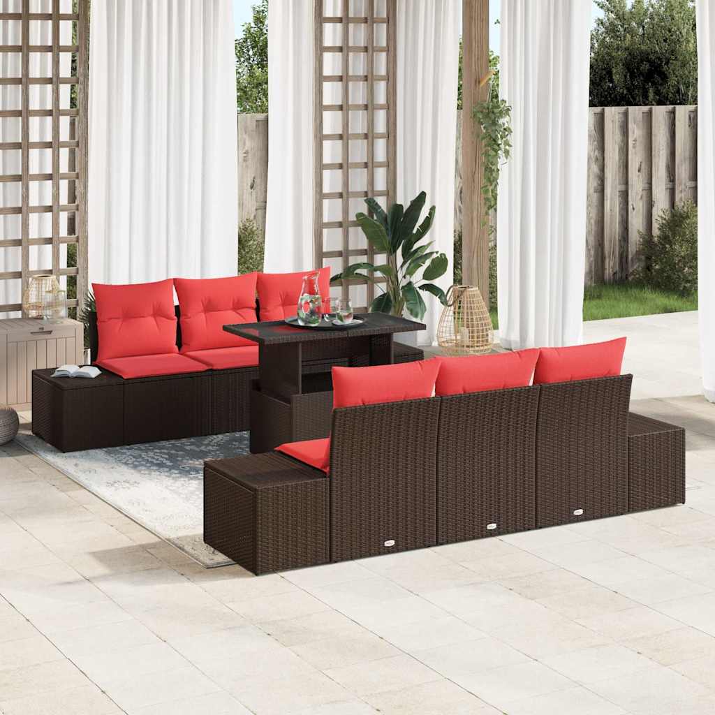 Set Divano da Giardino 7 pz 6-Numero di posti Marrone e Rosso | homemem39