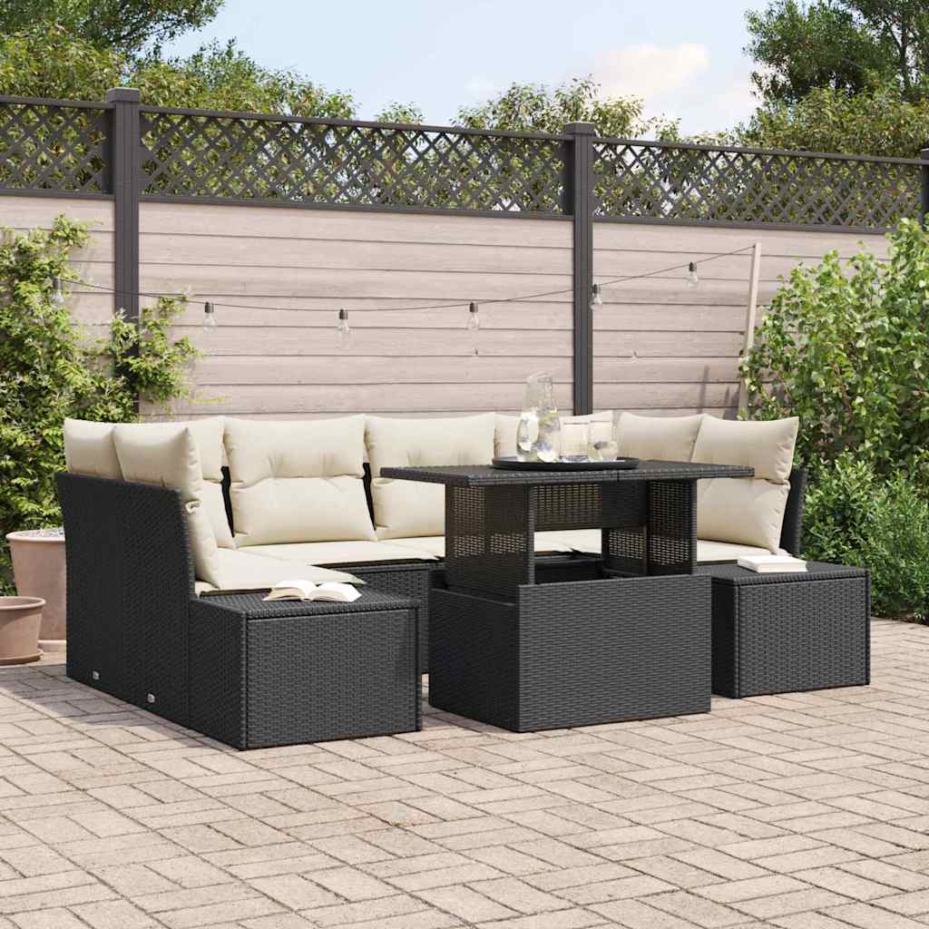 Set Divano da Giardino con cuscino 7 pcs Nero e Crema | homemem39