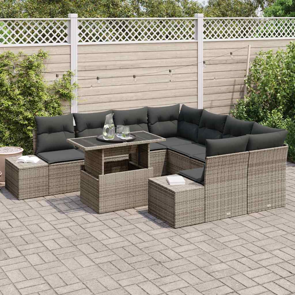 Set Divano da Giardino 9 pz Grigio polyrattan