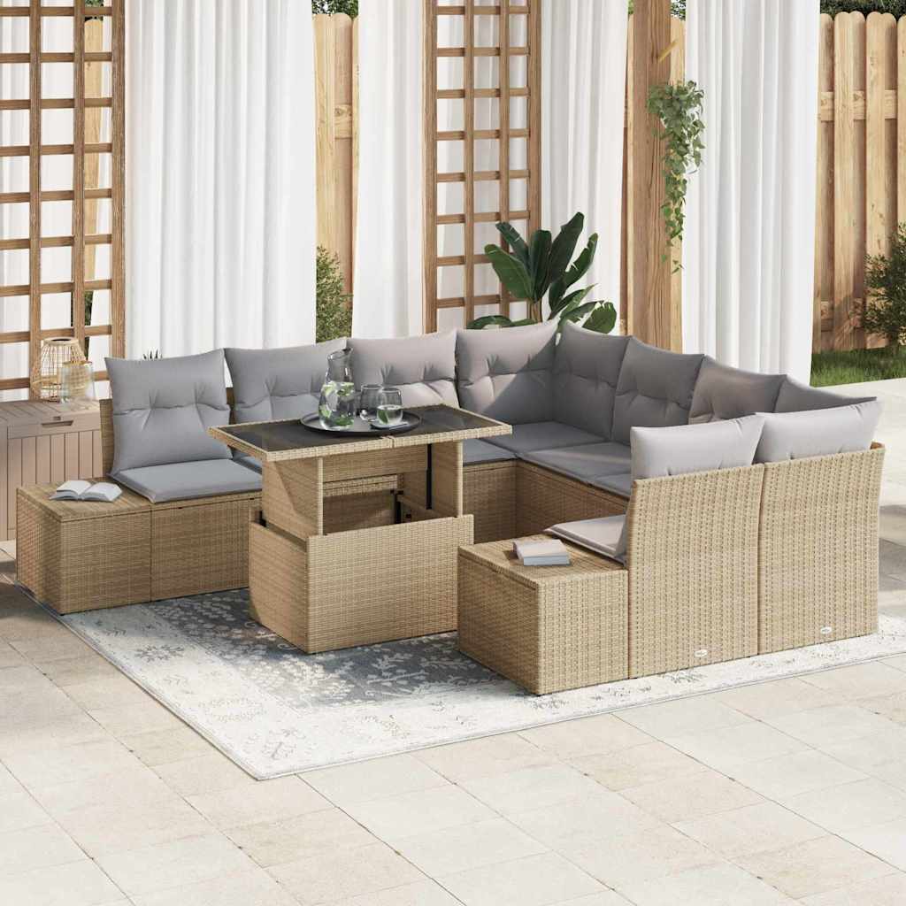 Set Divano da Giardino 9 pz Beige e Grigio Chiaro polyrattan