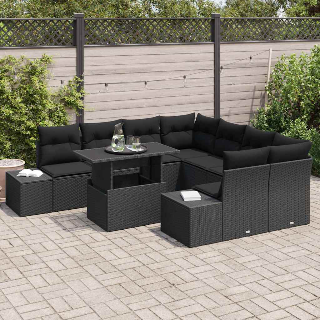 Set Divano da Giardino 9 pz Nero polyrattan