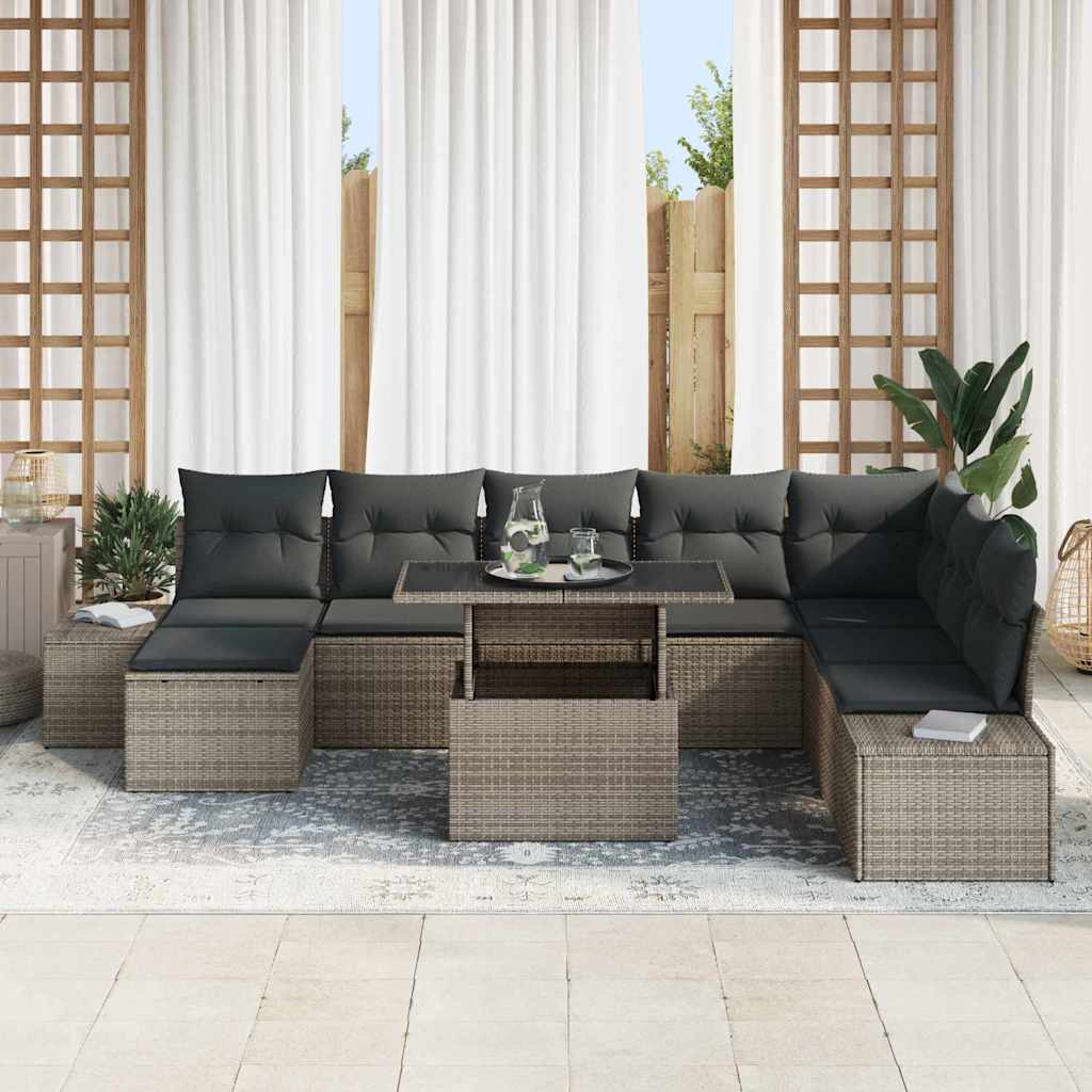 Set Divano da Giardino 9 pcs Grigio Poly Rattan