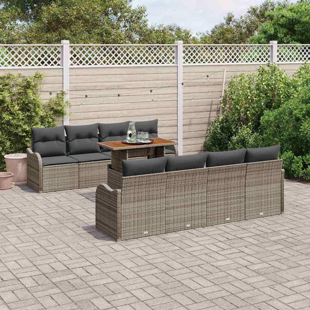 Set Divano da Giardino 9 pcs Grigio Poly Rattan