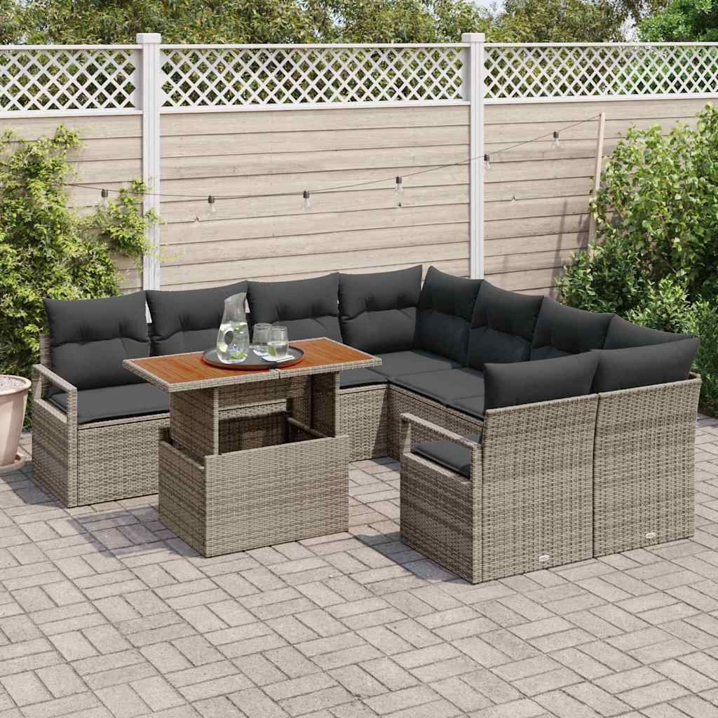 Set Divano da Giardino 9 pcs Grigio Poly Rattan