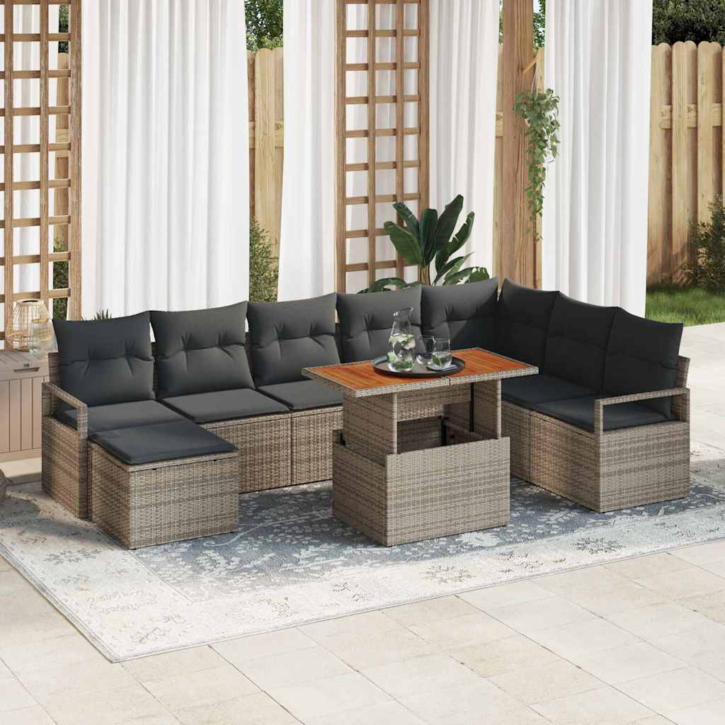 Set Divano da Giardino 9 pcs Grigio Poly Rattan