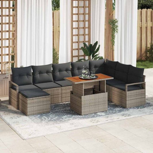 Set Divano da Giardino 9 pcs Grigio Poly Rattan
