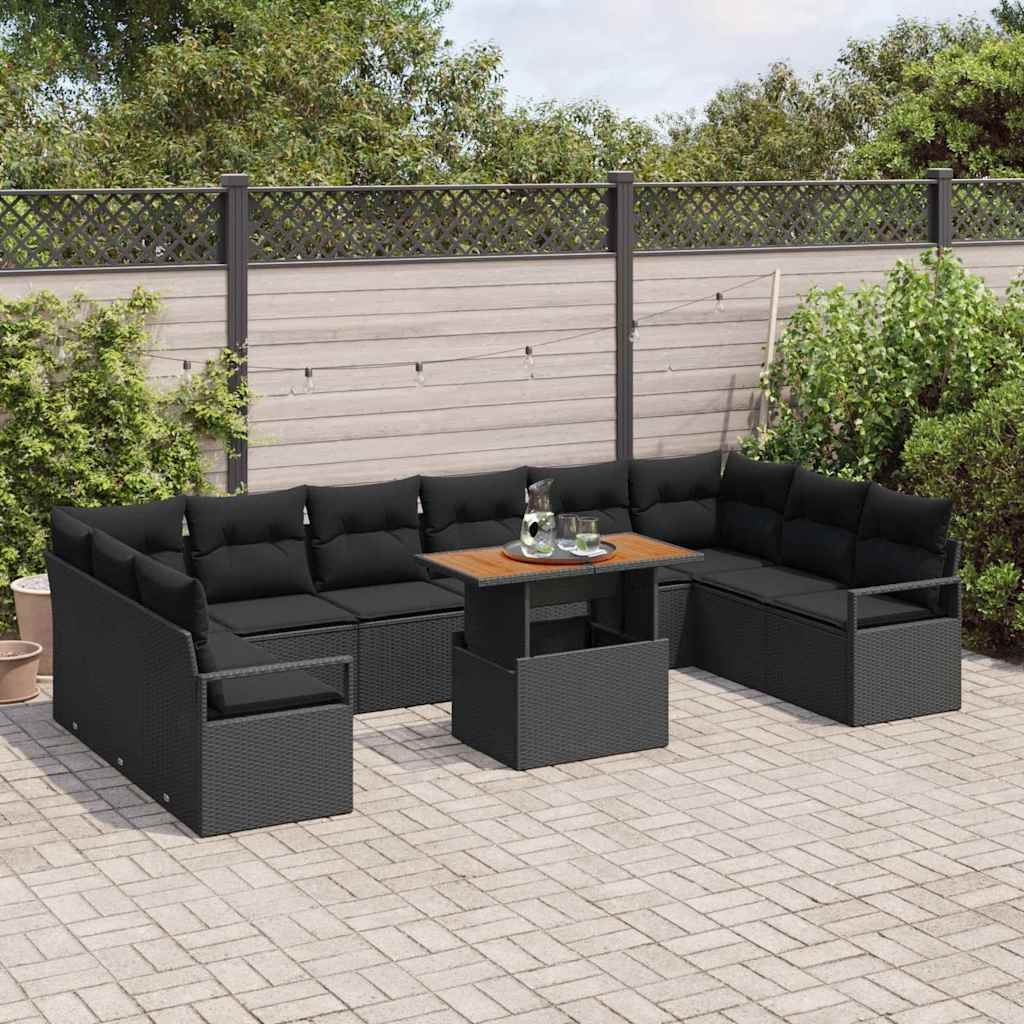 Set Divano da Giardino 11 pcs Nero Poly Rattan