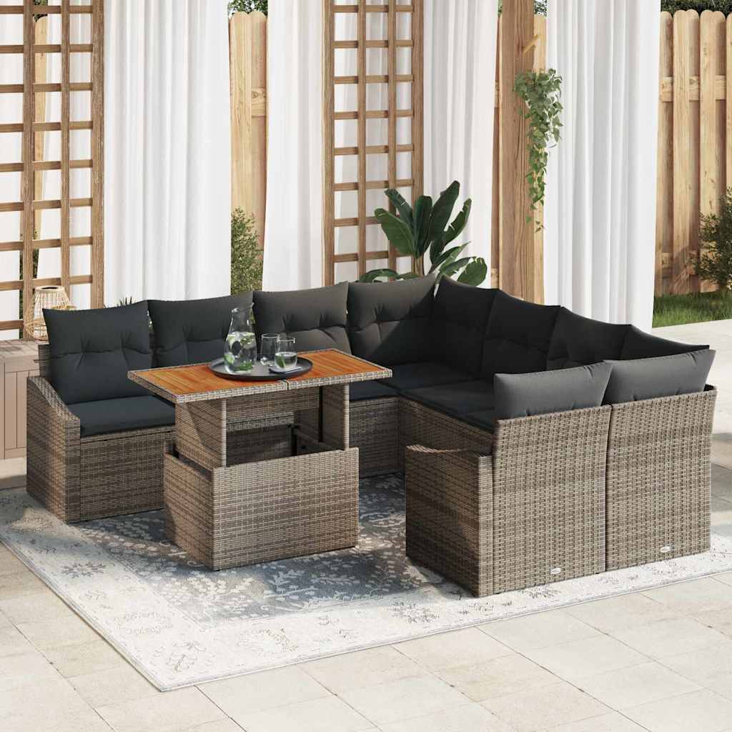 Set Divano da Giardino 9 pcs Grigio Poly Rattan