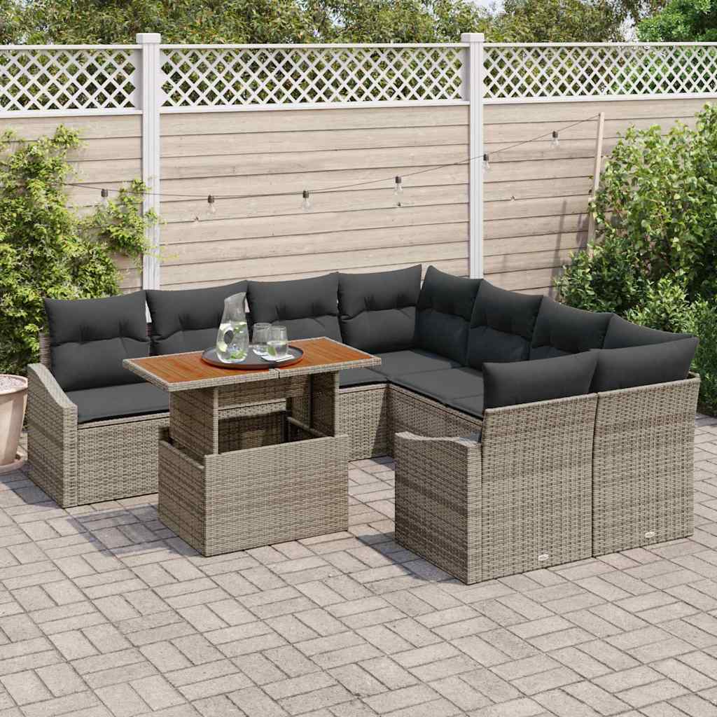 Set Divano da Giardino 9 pcs Grigio Poly Rattan