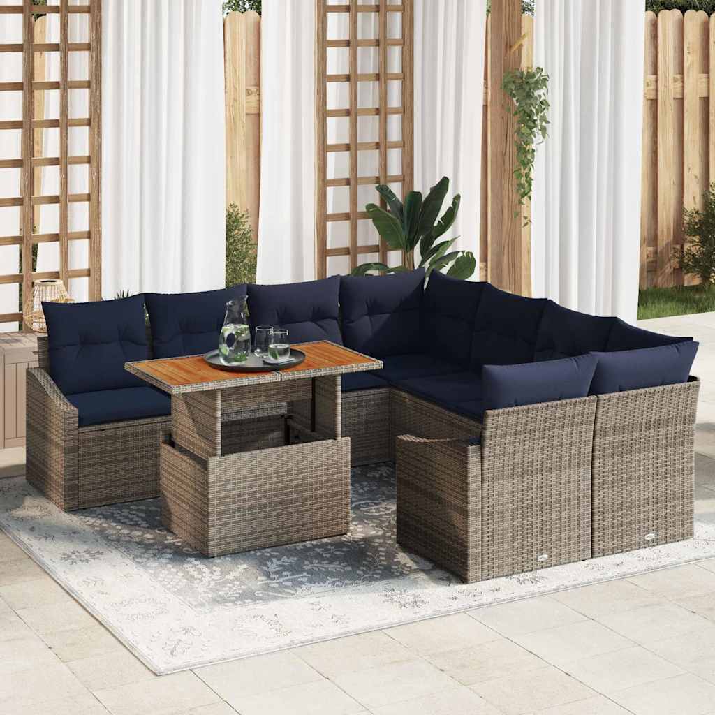 Set Divano da Giardino 9 pcs Grigio Poly Rattan | homemem39