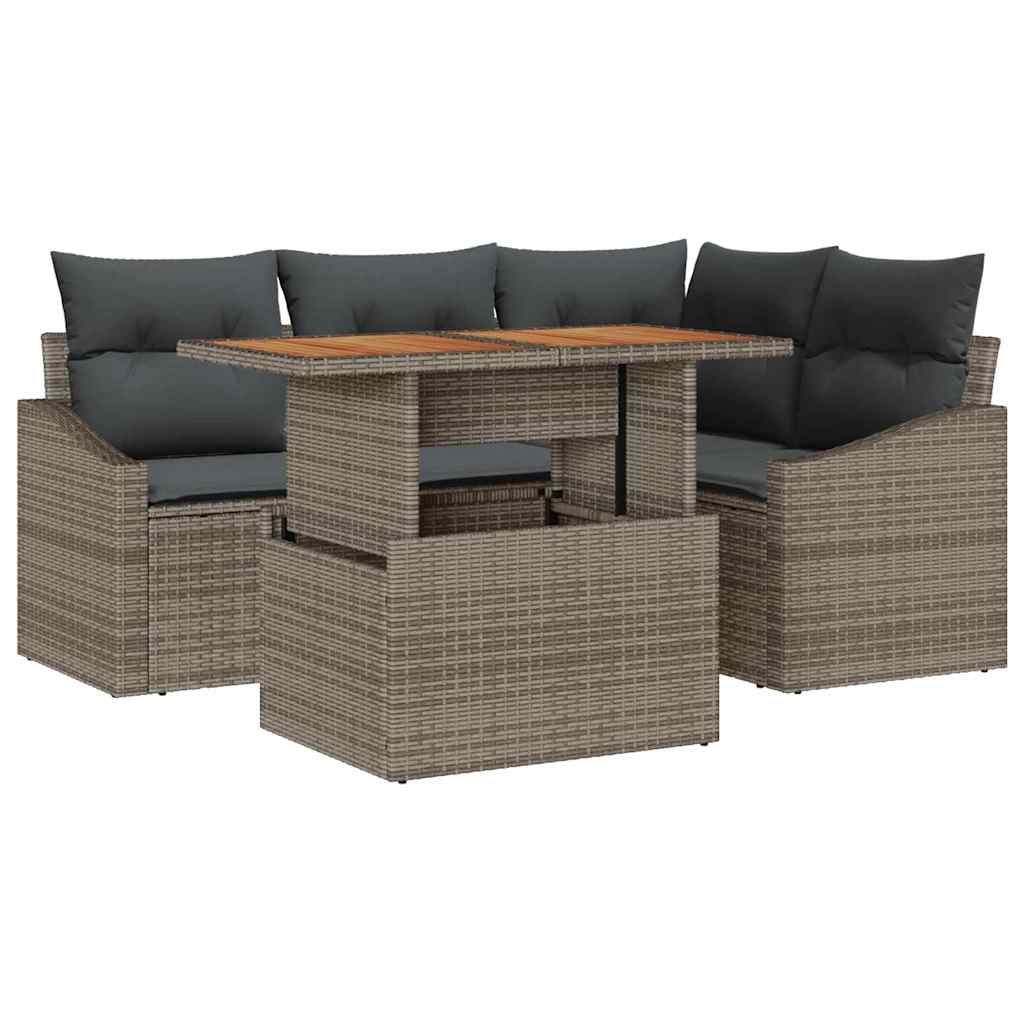 Set Divano da Giardino 5 pcs Grigio Poly Rattan