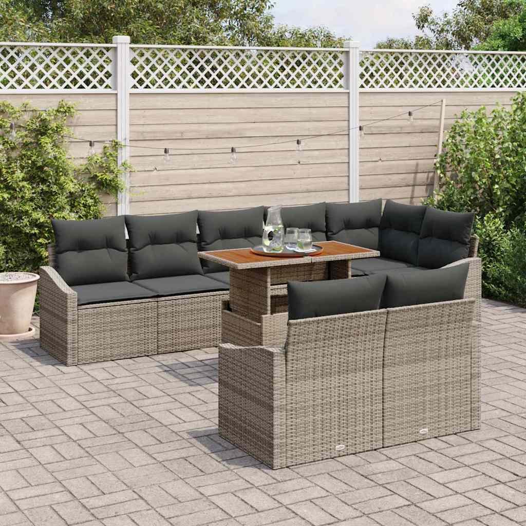 Set Divano da Giardino 9 pcs Grigio Poly Rattan