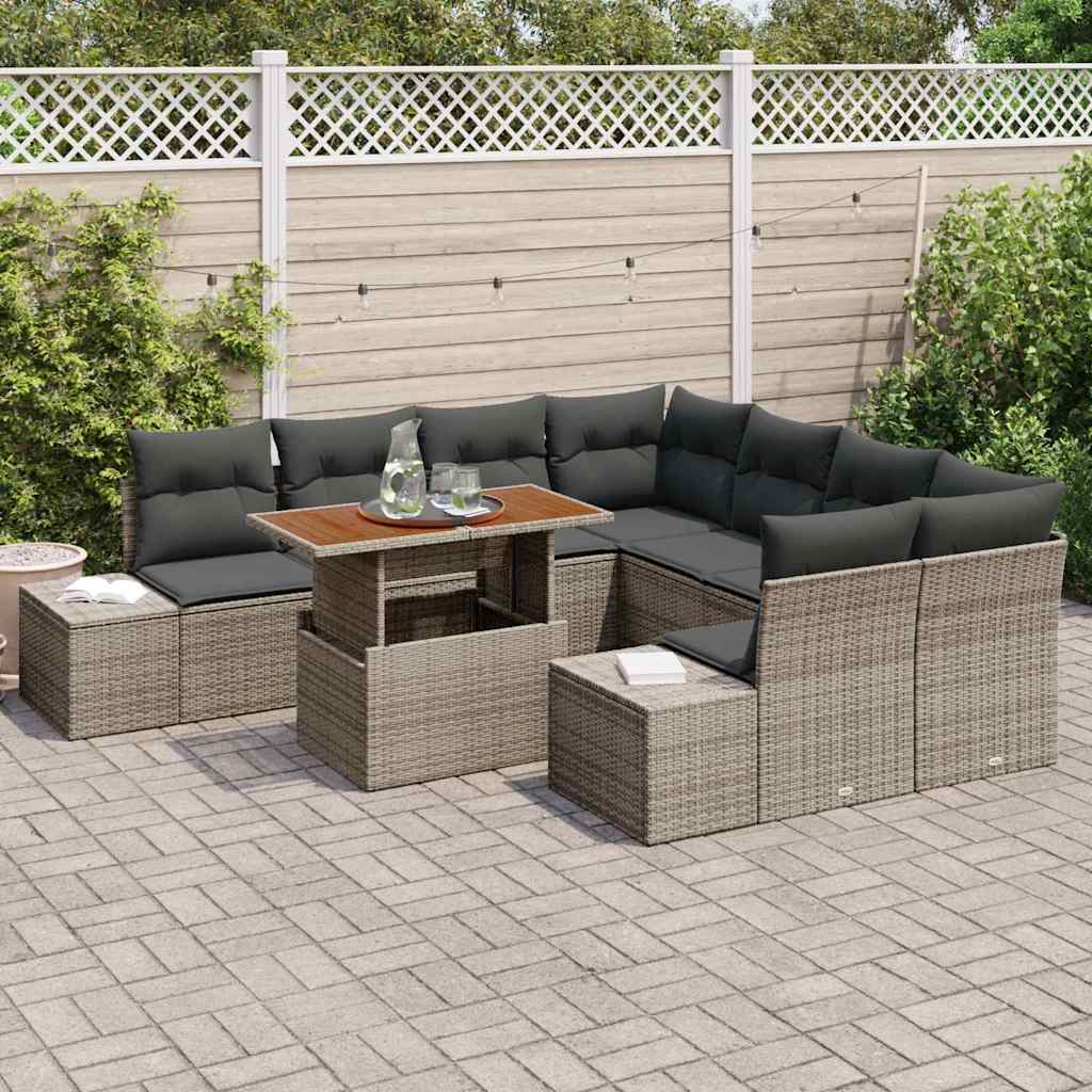 Set Divano da Giardino 9 pcs Grigio Poly Rattan