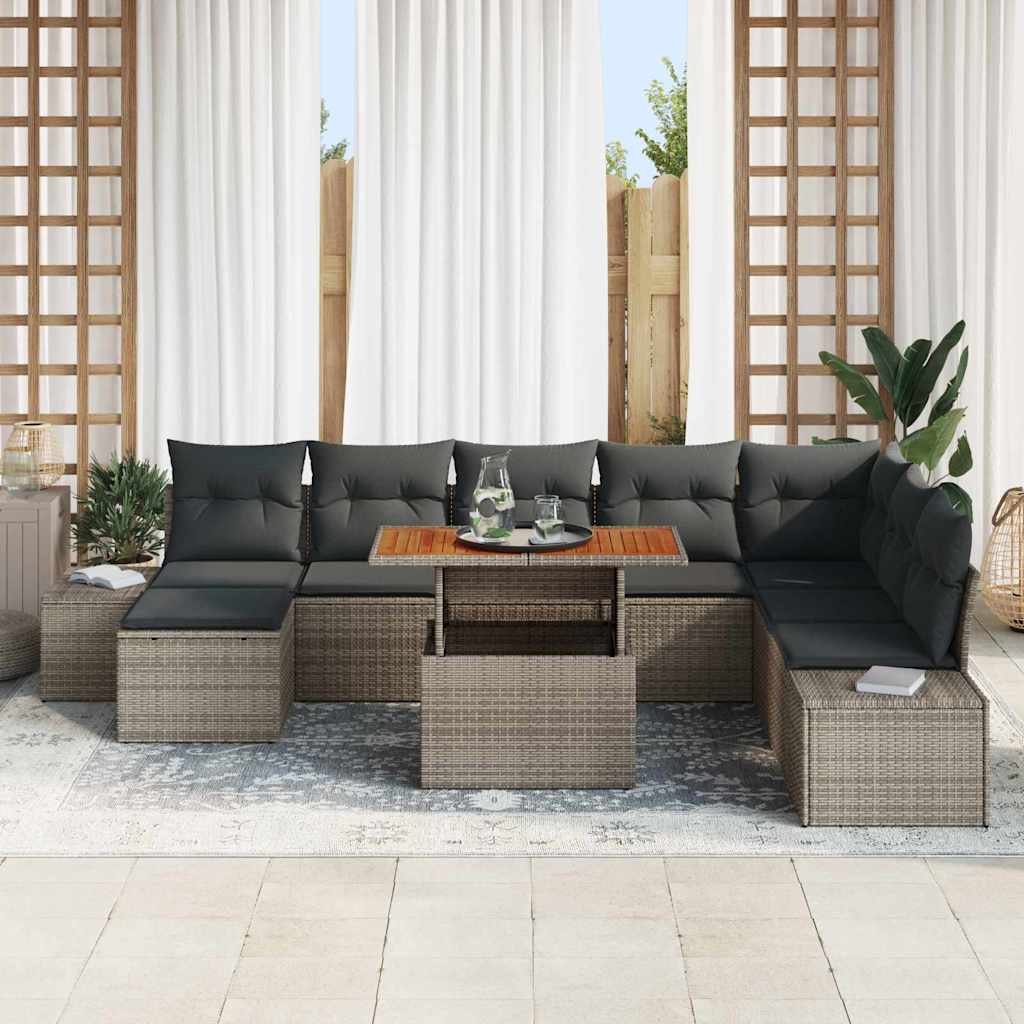 Set Divano da Giardino 9 pcs Grigio Poly Rattan