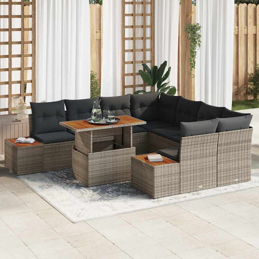 Set Divano da Giardino 9 pcs Grigio Poly Rattan