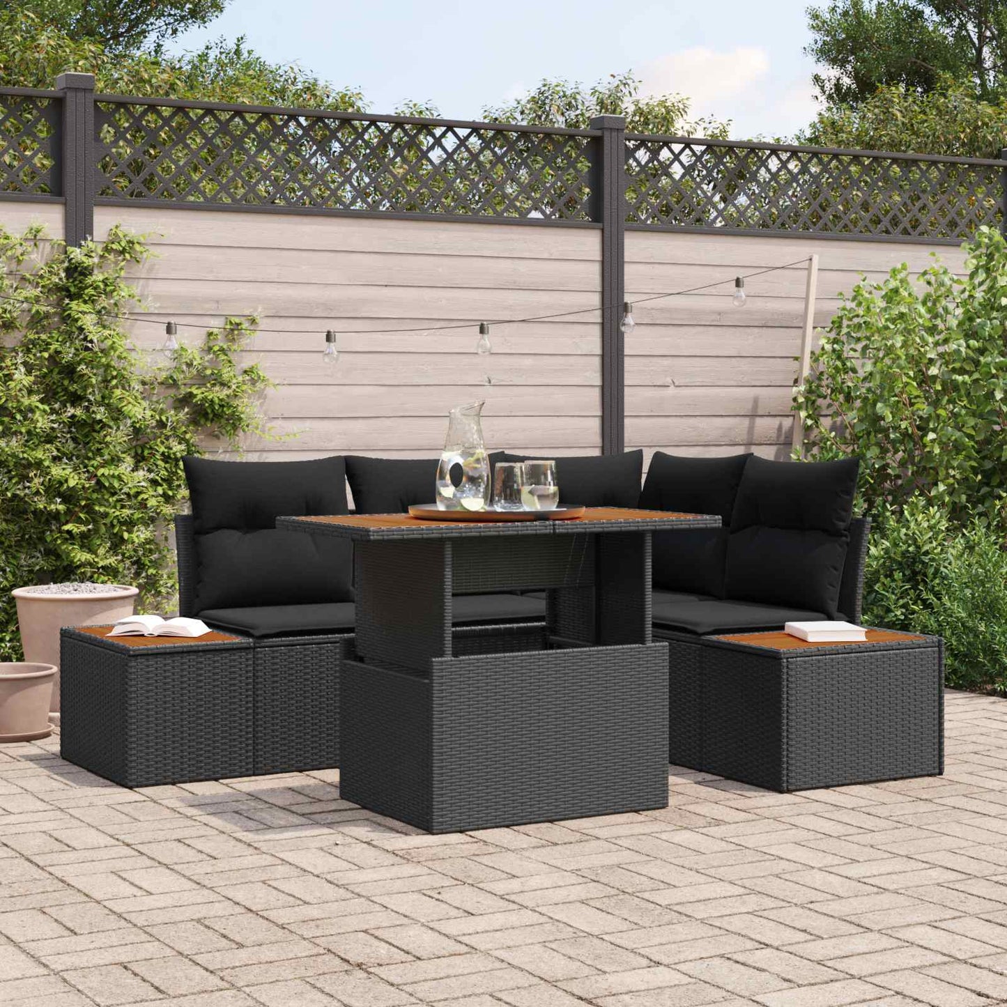 Set Divano da Giardino con archiviazione 5 pcs Nero Poly Rattan