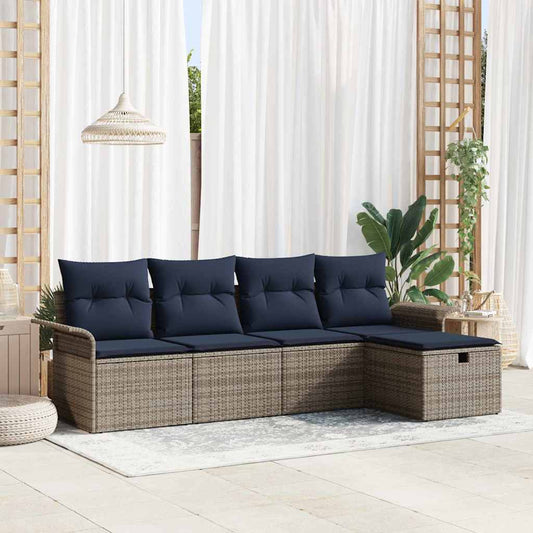 Set Divano da Giardino 5 pcs Grigio e Blu Navy polyrattan