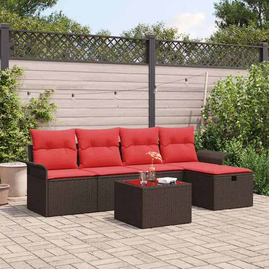 Set Divano da Giardino 6 pcs Marrone e Rosso polyrattan