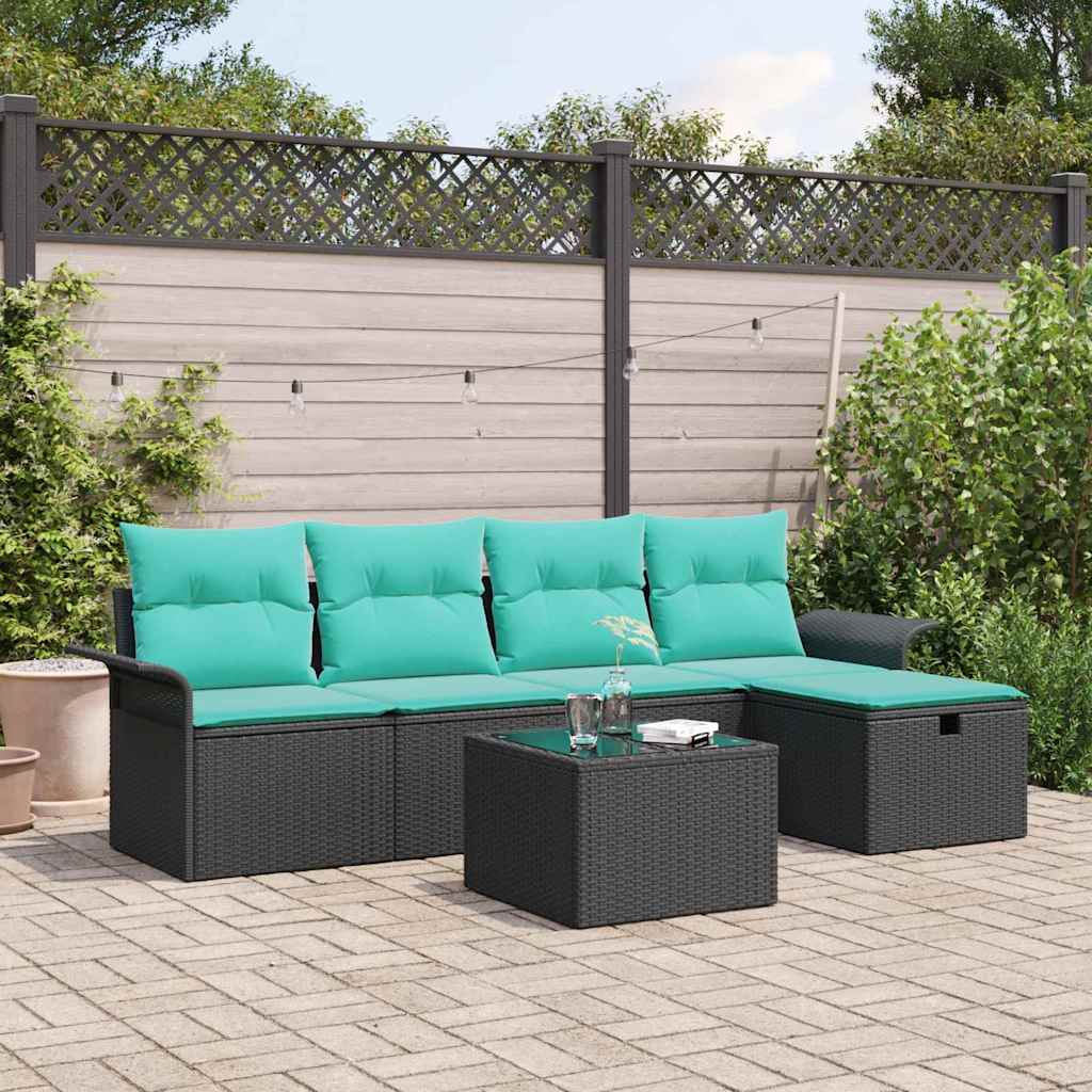 Set Divano da Giardino 6 pcs Nero e Turchese polyrattan | homemem39