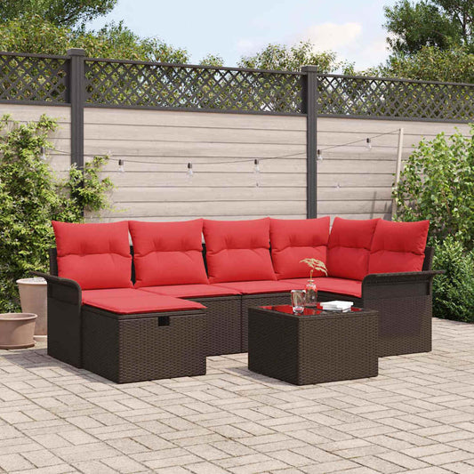 Set Divano da Giardino 7 pcs Marrone e Rosso polyrattan