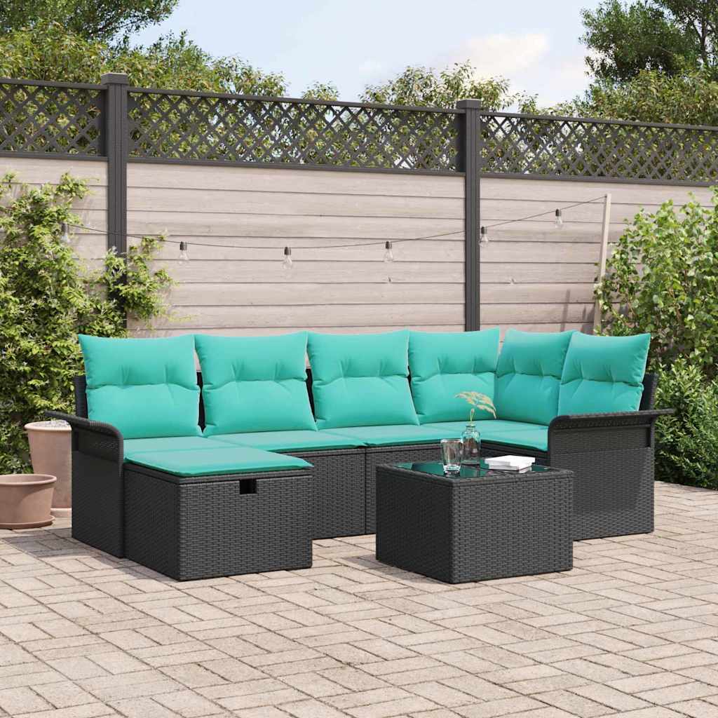 Set Divano da Giardino 7 pcs Nero e Turchese polyrattan
