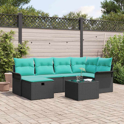Set Divano da Giardino 7 pcs Nero e Turchese polyrattan
