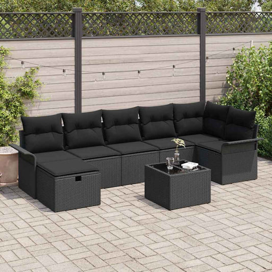 Set Divano da Giardino con cuscino 8 pcs Nero polyrattan