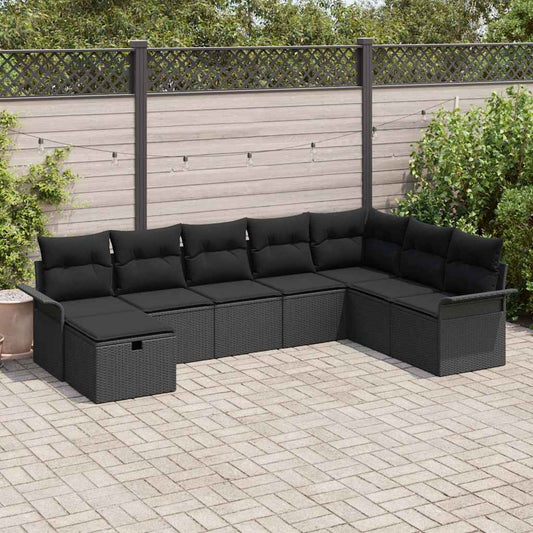 Set Divano da Giardino con cuscino 8 pcs Nero polyrattan