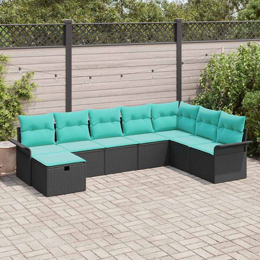 Set Divano da Giardino 8 pcs Nero e Turchese polyrattan