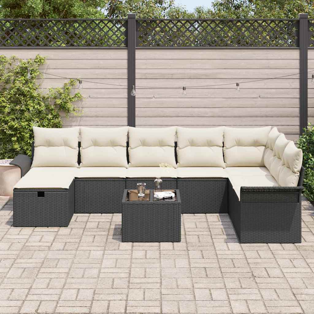 Set Divano da Giardino 9 pz Nero e Crema polyrattan | homemem39