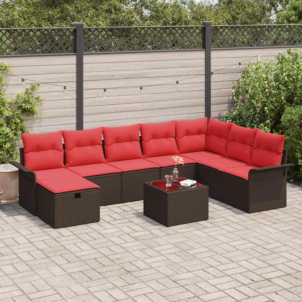 Set Divano da Giardino 9 pcs Marrone e Rosso polyrattan | homemem39