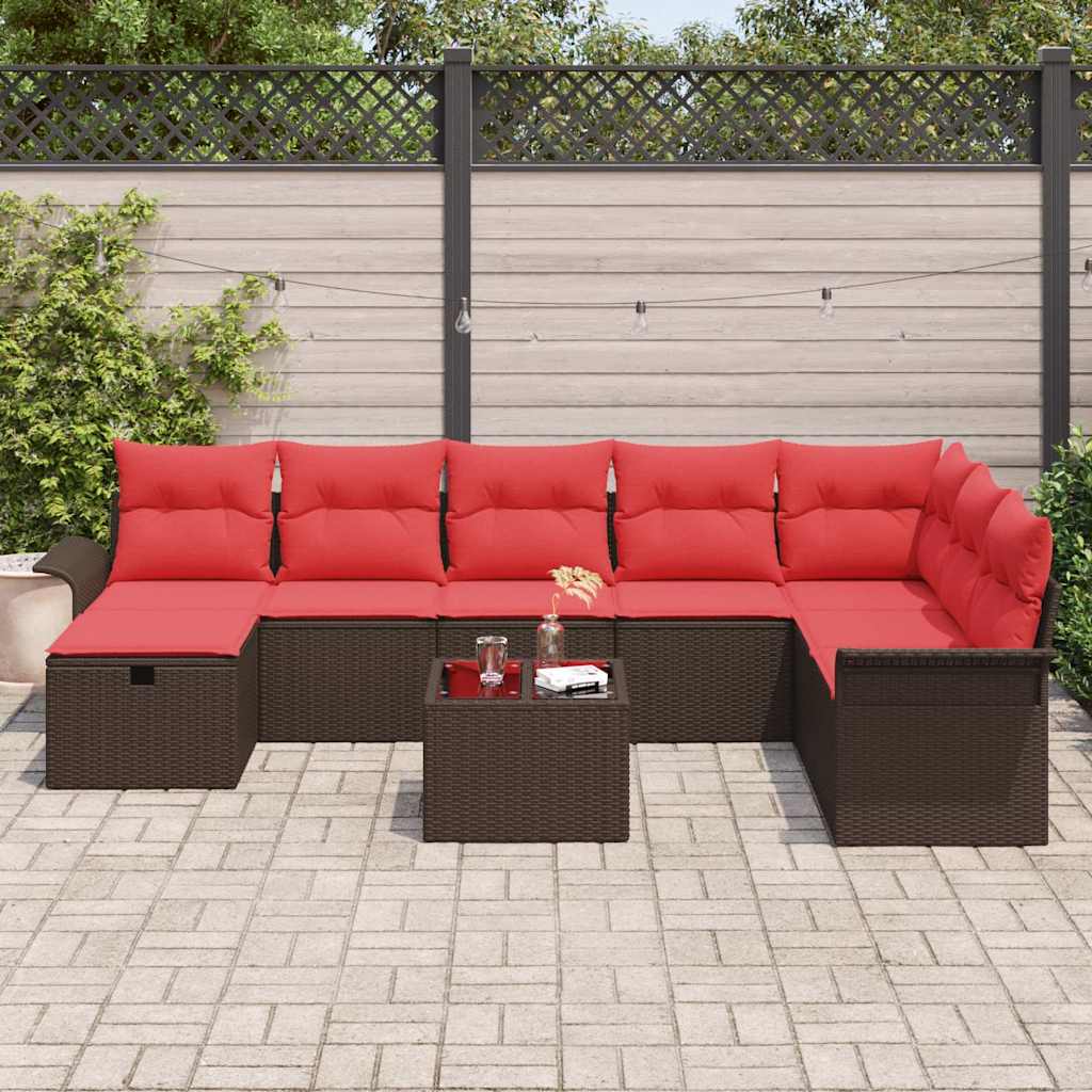 Set Divano da Giardino 9 pcs Marrone e Rosso polyrattan | homemem39