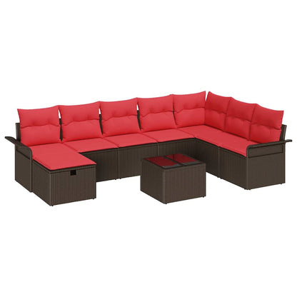 Set Divano da Giardino 9 pcs Marrone e Rosso polyrattan | homemem39