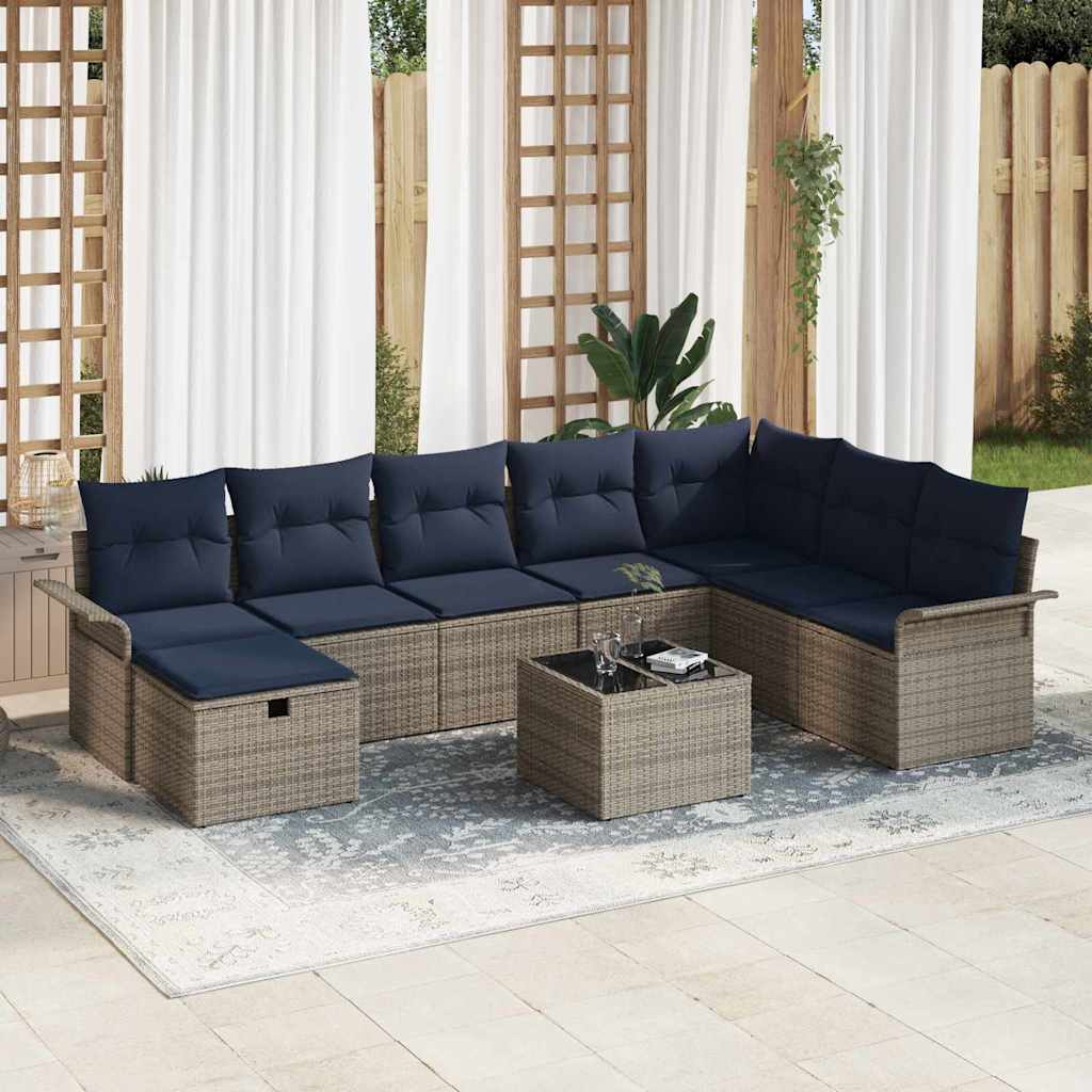 Set Divano da Giardino 9 pcs Grigio e Blu Navy polyrattan | homemem39