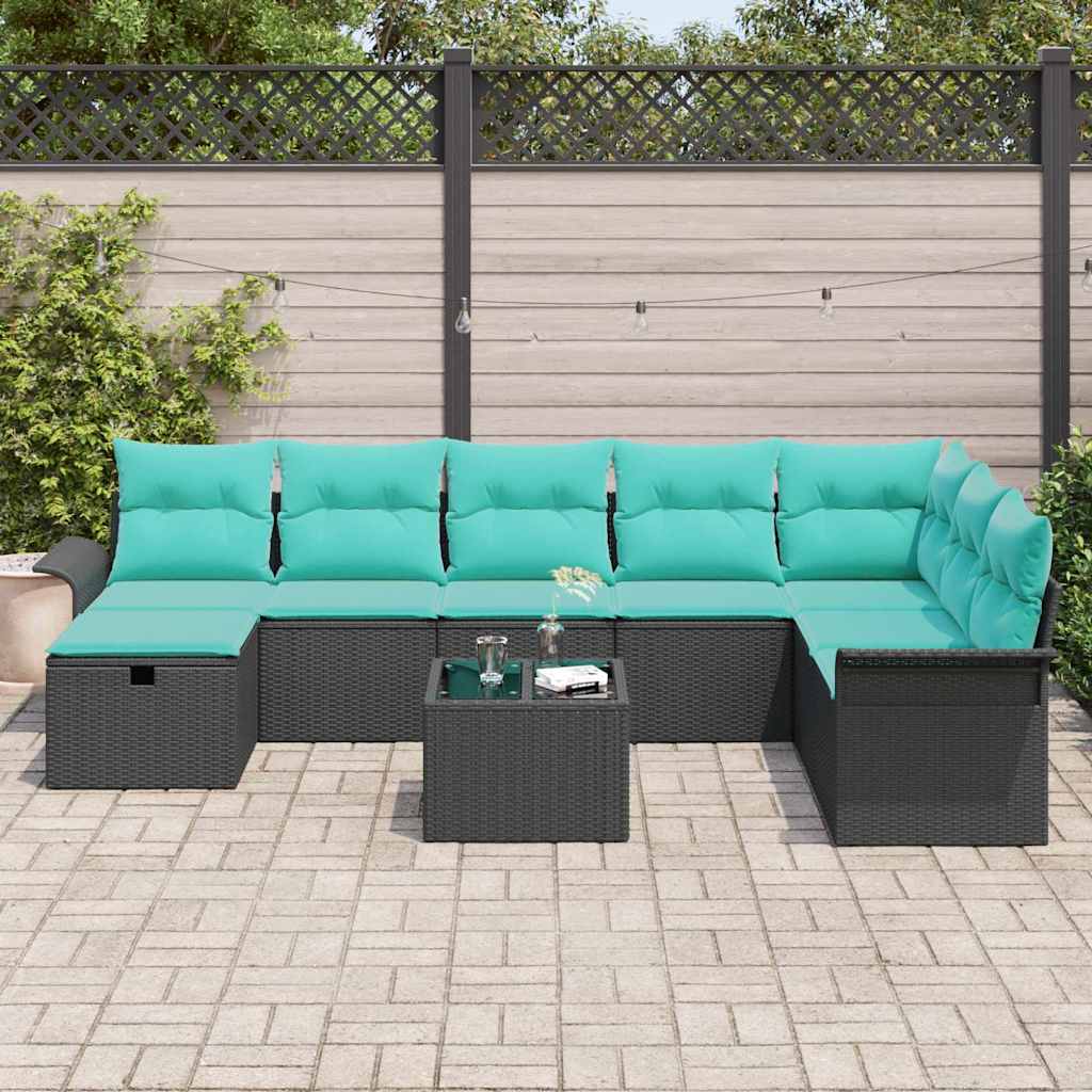 Set Divano da Giardino 9 pcs Nero e Turchese polyrattan | homemem39