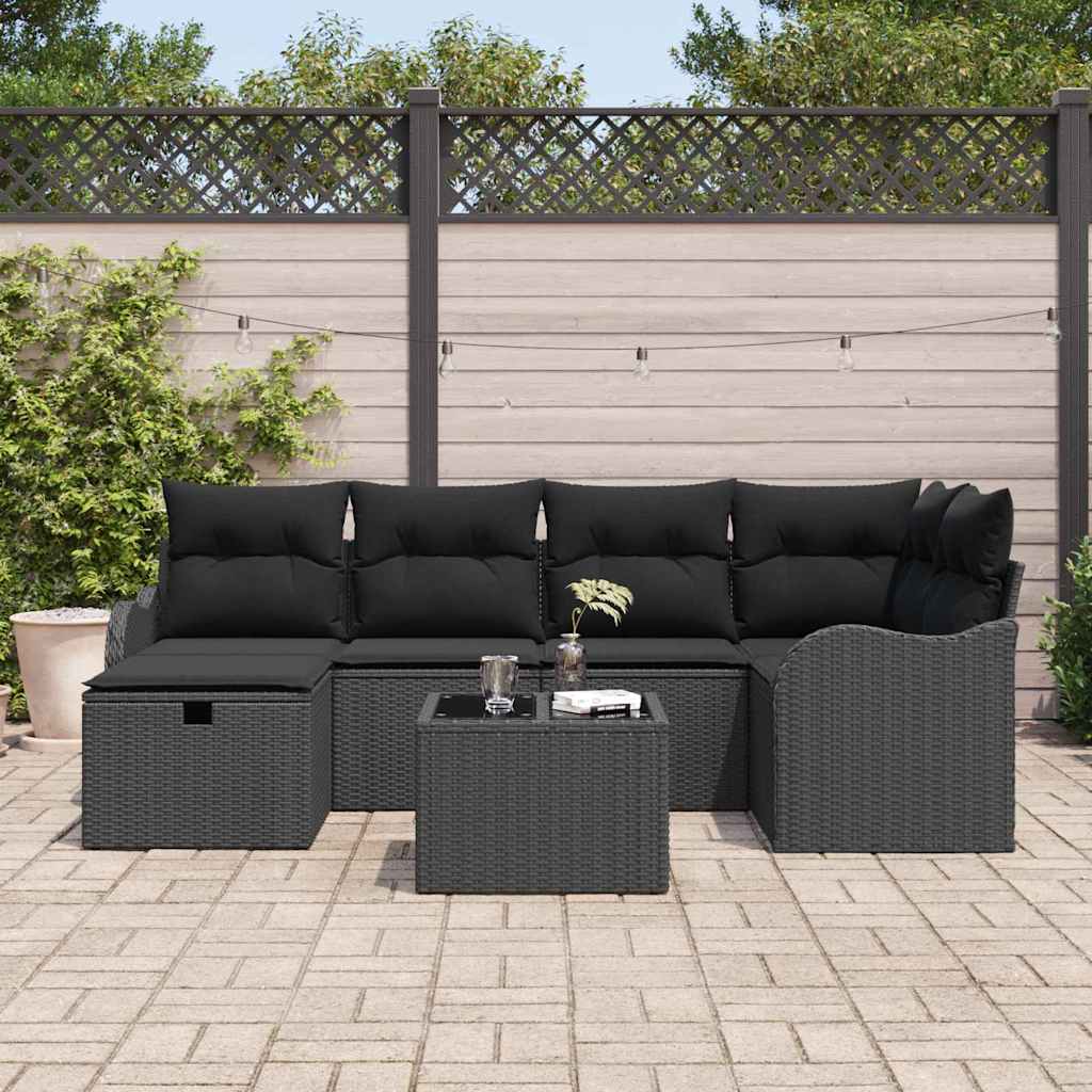 Set Divano da Giardino 7 pz 6-Numero di posti Nero polyrattan | homemem39