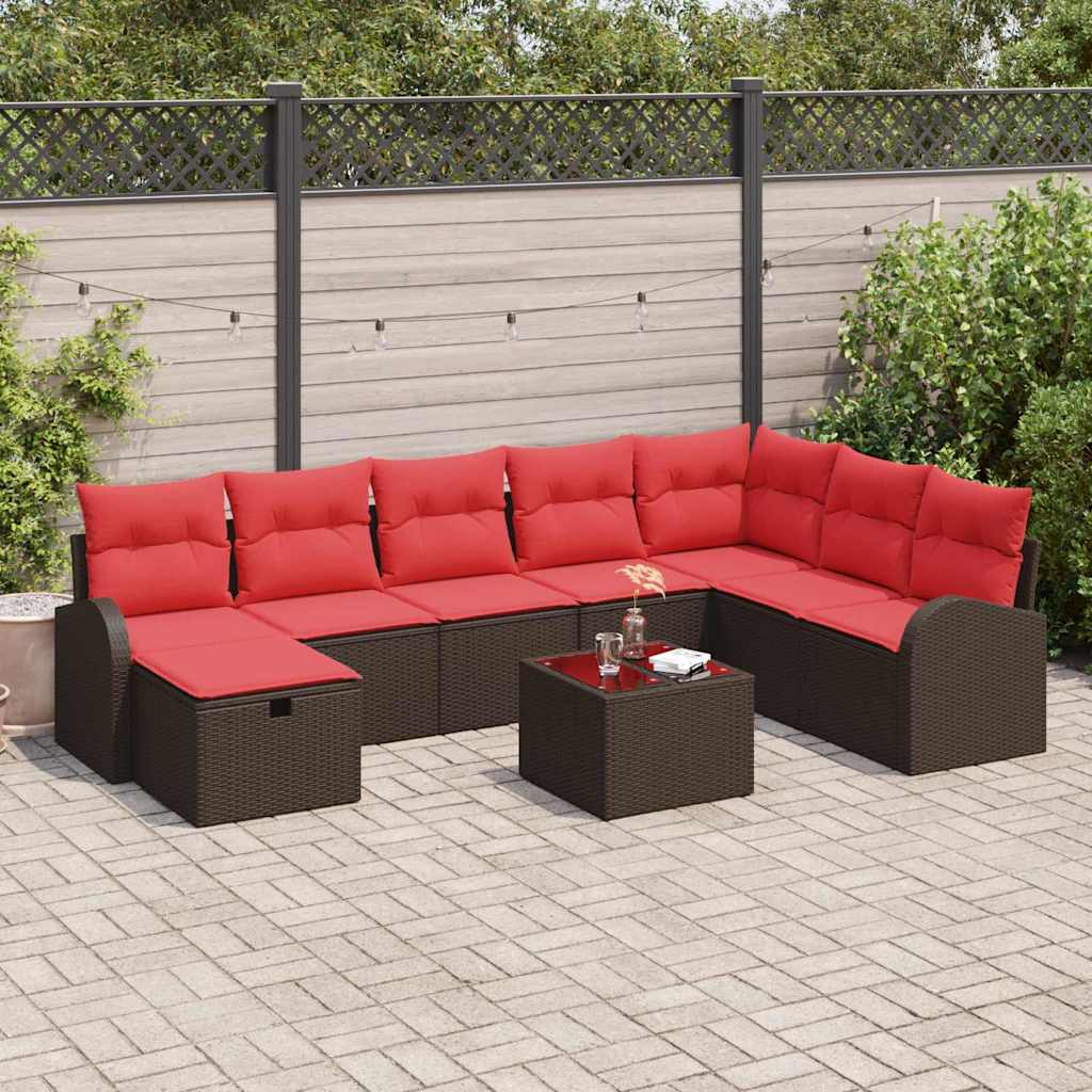 Set di divani con cuscino 9 pcs Marrone e Rosso polyrattan | homemem39