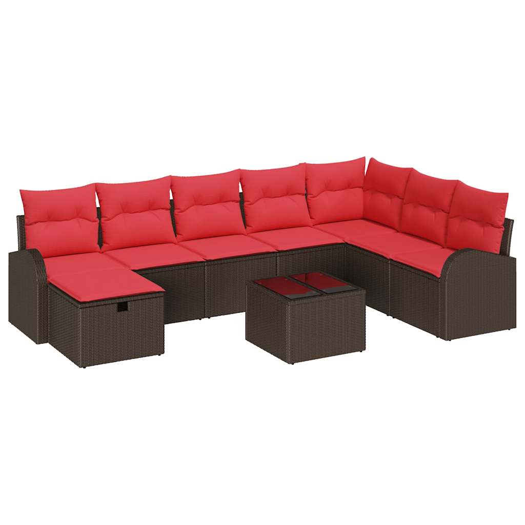 Set di divani con cuscino 9 pcs Marrone e Rosso polyrattan | homemem39