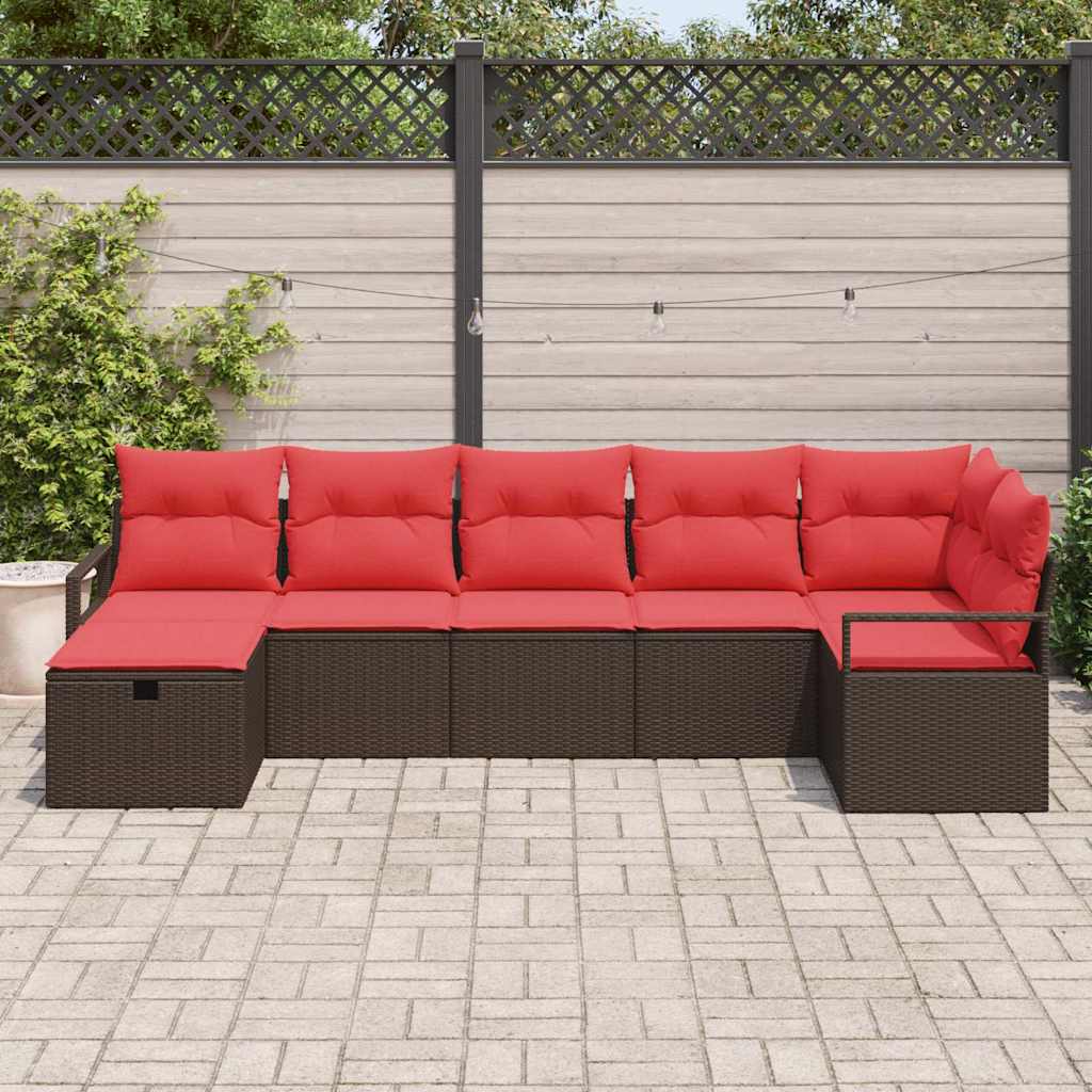 Set di divani con cuscino 7 pcs Marrone e Rosso polyrattan | homemem39