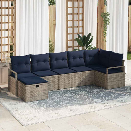 Set di divani con cuscino 7 pcs Grigio e Blu Navy polyrattan