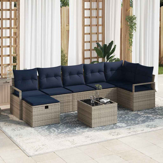 Set di divani con cuscino 8 pcs Grigio e Blu Navy polyrattan