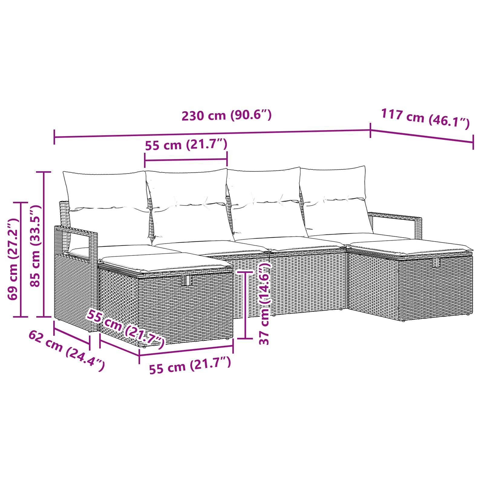 Set di divani con cuscino 6 pcs Grigio e Blu Navy polyrattan | homemem39