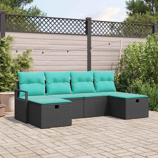 Set di divani con cuscino 6 pcs Nero e Turchese polyrattan