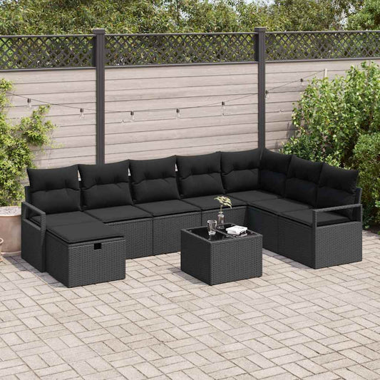 Set di divani con cuscino 9 pcs Nero polyrattan