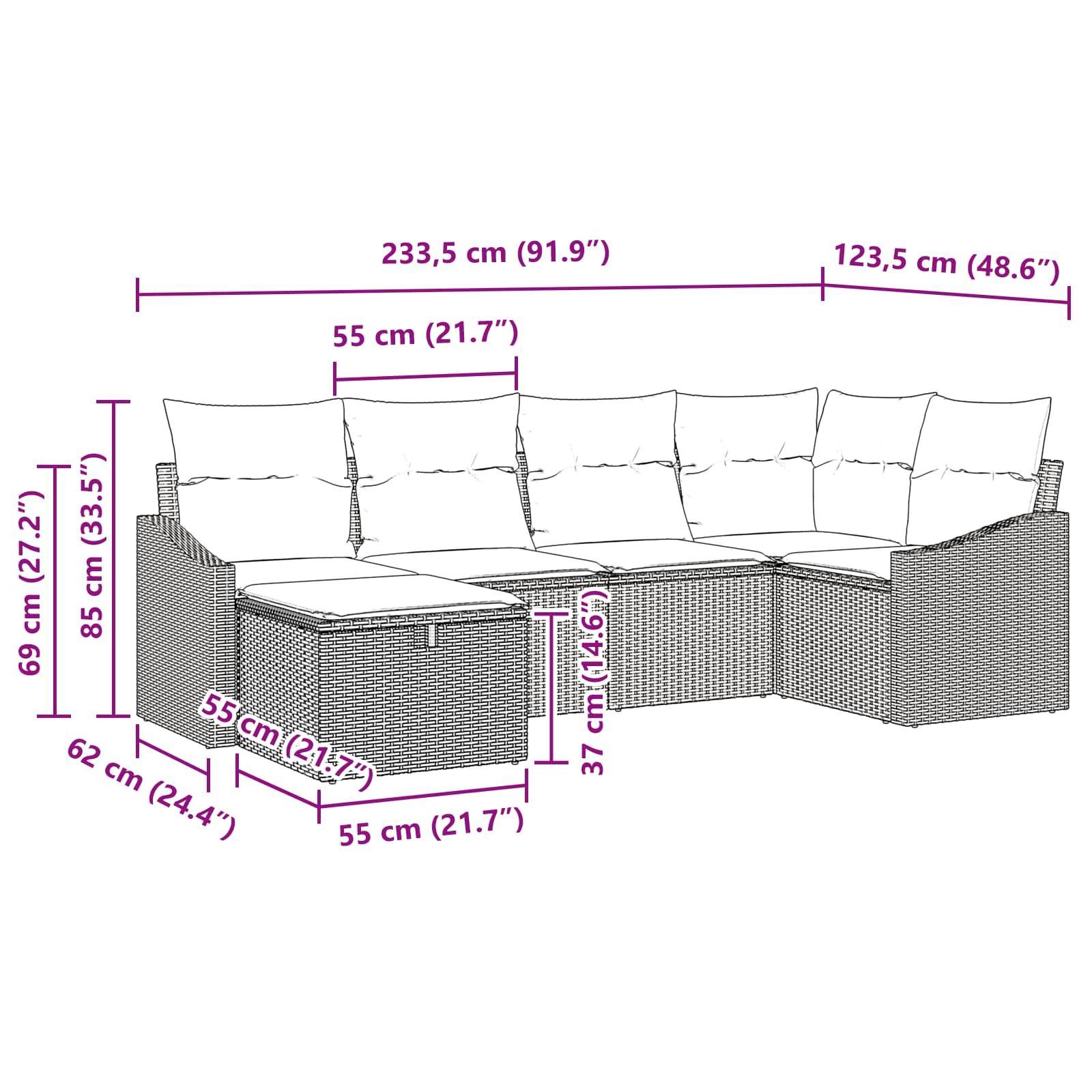 Set di divani con cuscino 6 pcs Nero polyrattan | homemem39