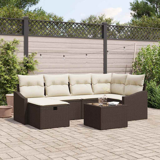Set di divani con cuscino 7 pcs Marrone e Crema polyrattan