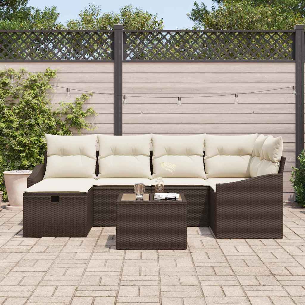 Set di divani con cuscino 7 pcs Marrone e Crema polyrattan - homemem39