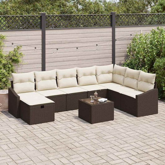 Set Divano da Giardino con cuscino 9 pcs Marrone Poly Rattan